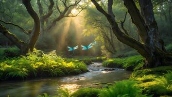 Dragonflies Flying Over Gentle Forest Stream with Sunlight and Ferns photo
