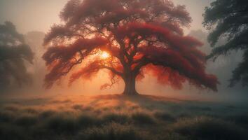 Majestic Red Tree Standing in Foggy Field with Sun Peeking Through photo