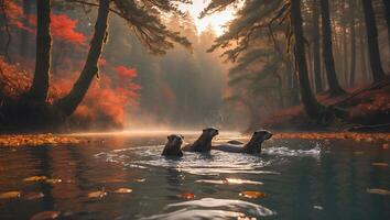 Otters Swimming in Autumn River with Colorful Forest at Sunrise photo
