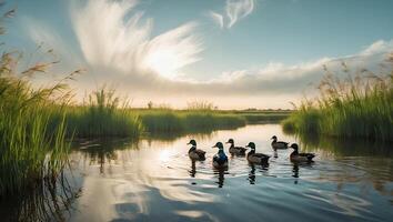 Ducks Swimming in Tranquil Lake Reflecting Sky and Grassy Shores photo