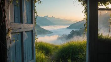 Mountain View Through Open Door with Morning Mist and Tall Grass photo