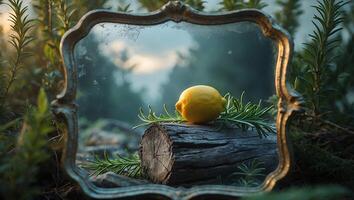 Lemon and Rosemary on Log Reflected in Antique Mirror Outdoors photo