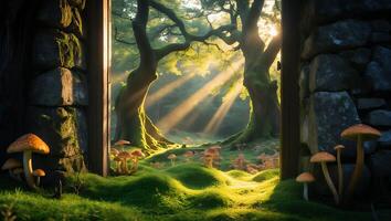 Sun Rays Through Forest Doorway with Mushrooms on Mossy Ground photo