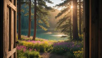 Open Door View to Serene Lake Surrounded by Forest and Flowers photo