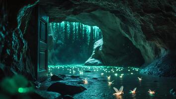 Exploring Glowing Cave with Door and Lighted Insects on Water photo