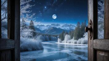 Open Door Framing Winter Landscape with Snowy Mountains and Moon photo