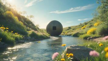 River Flowing Past Sphere Structure in Green Meadow Landscape photo