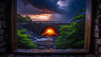 Viewing Coastal Arch Bridge Sunset Through a Rustic Stone Window Frame photo