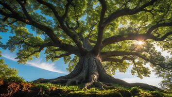 Majestic Tree Reaching Skyward with Sunlight Streaming Through Green Canopy photo
