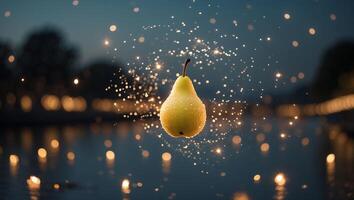 Floating Pear with Water Droplets and Sparkling Light Background photo