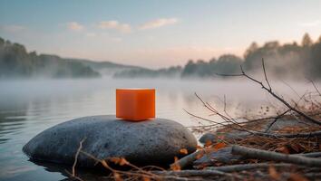 Orange Cube on Rock by Misty Lake Creates Serene Nature Scene photo