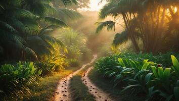 Winding Path Through Lush Tropical Forest at Golden Hour Light photo