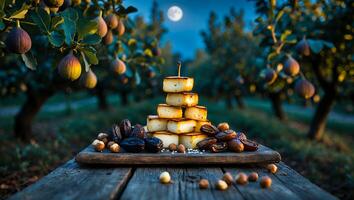 Arrangement of Grilled Cheese, Dates, and Hazelnuts in a Fig Orchard photo