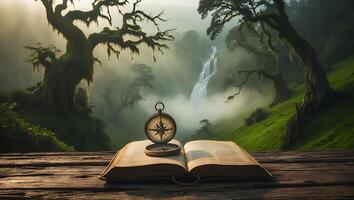 Compass on Open Book with Waterfall Scenery in Misty Forest photo