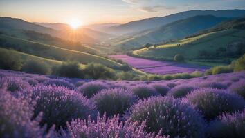 Lavender Field at Sunrise with Rolling Hills and Mist in Valley photo