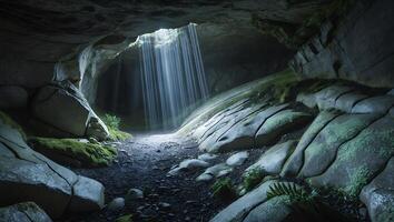 Sunlight Streaming Through Cave Entrance with Mossy Rocks and Water photo