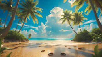 Relaxing Tropical Beach with Palm Trees and Crabs on Sandy Shore photo