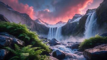 Cascading Waterfalls Flowing Through Mountain Landscape at Dusk with Pink Sky photo