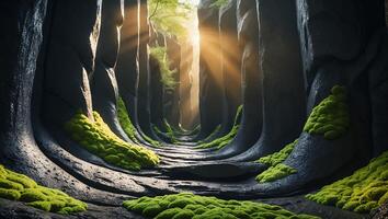 Pathway Through Rocky Canyon with Moss and Sunlight Bursting Through photo