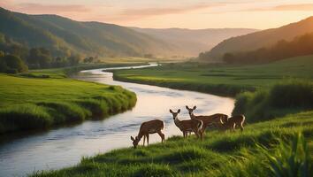 Deer Grazing by River in Mountain Valley at Sunrise Landscape photo