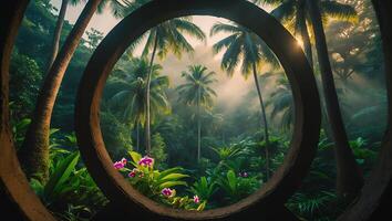 Viewing Palm Trees Through a Circular Stone Opening in Lush Jungle photo