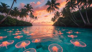 Jellyfish Floating in Tropical Water at Sunset with Palm Trees photo