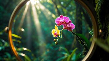 Orchid Bloom in Forest Setting Displayed Within Circular Frame with Sunbeams photo