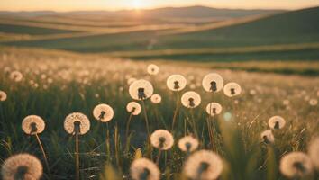 Dandelion Field at Sunset Glowing with Warm Light and Gentle Breeze photo