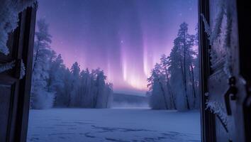 Viewing Winter Aurora Through Open Door in Frozen Forest Landscape photo