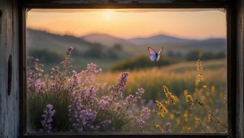 Butterfly Flying Above Lavender Field Seen Through Old Window Frame photo