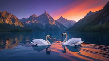 Swans Swimming on Lake Reflecting Sunset Mountains Creating Serene Scene photo