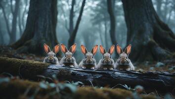 Rabbits Resting on Log in Misty Forest Setting Together photo