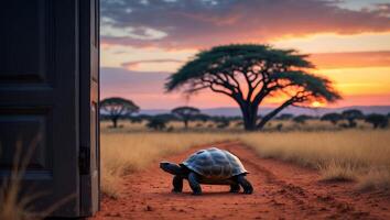 Turtle Walking on Path Through Savanna at Sunset Viewed Through Door photo