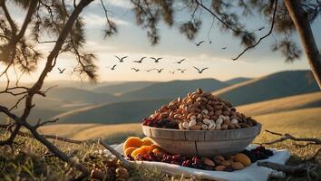 Nuts and Dried Fruits in Wooden Bowl with Hillside Sunset View photo