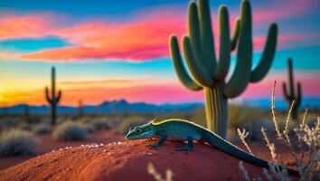Lizard Resting on Desert Sand Dune at Colorful Sunset Scenery photo