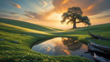 Tranquil Pond Reflecting Sunset with Lone Tree on Green Hills photo