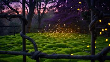 Glowing Lights Over Moss Garden at Dusk Through Metal Fence View photo