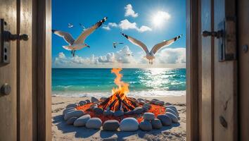 Seagulls Fly Over Beach Bonfire Seen Through Open Wooden Door photo