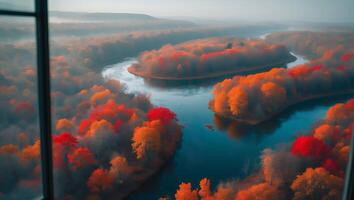 Aerial View of River Bending Through Autumn Forest From Window photo