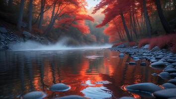 River Flowing Through Forest with Autumn Foliage and Reflections photo