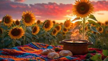 Hot Soup and Bread in Sunflower Field at Vibrant Sunset Picnic photo