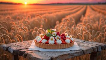 Strawberry Tart on Wooden Table with Wheat Field at Sunset photo