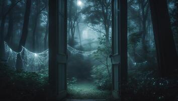 Open Door Leading to Misty Forest with Cobweb and Gloom photo