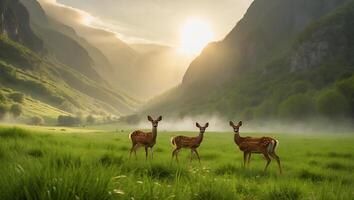 Deer Standing in Sunlit Meadow Surrounded by Majestic Mountains photo