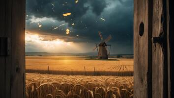Wheat Field with Windmill View Through Open Wooden Door at Sunset photo