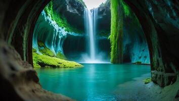 Waterfall Flowing Into Turquoise Lake From Cave Opening with Lush Vegetation photo