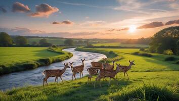 Deer Grazing by River at Sunset in Serene Countryside Landscape photo