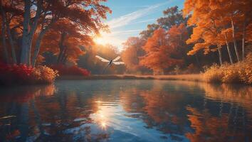 Dragonfly Flying Over Still Lake at Autumn with Reflections photo