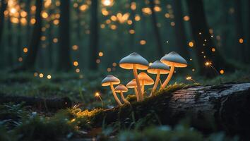 Glowing Mushrooms on Log in Forest with Bokeh Lights Background photo