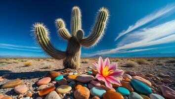 Cactus and Flower in Arid Desert Landscape Under Bright Blue Sky photo
